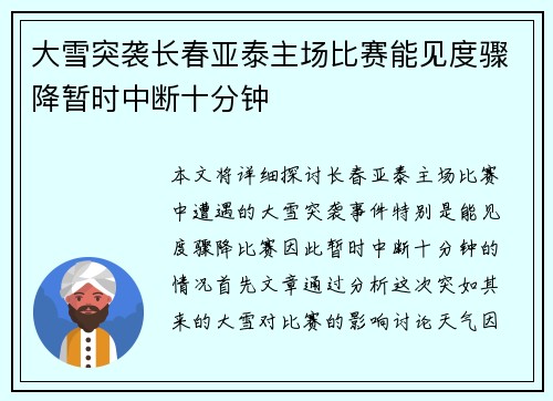大雪突袭长春亚泰主场比赛能见度骤降暂时中断十分钟